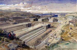 Dokken bij Sebastopol met ruïnes van Fort St. Paul, 1855