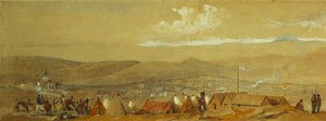 De Krim: Panoramisch uitzicht op Sebastopol met de militaire kampen en de haven; en een panoramisch uitzicht op Inkerman met een militair kamp en cavalerie bij zonsopgang door William Crimea Simpson