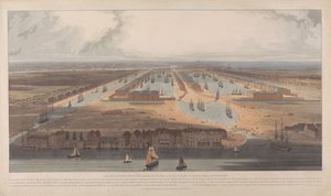 Een blik op de West India Docks door William Daniell