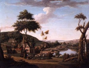 Rivierlandschap met figuren buiten een huisje