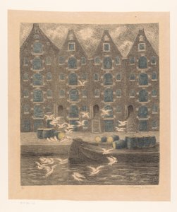 Pakhuizen aan de Brouwersgracht te Amsterdam door William Degouve de Nuncques (signed by artist)
