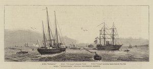 HMS Enchantress verlaat de Haven van Portsmouth
