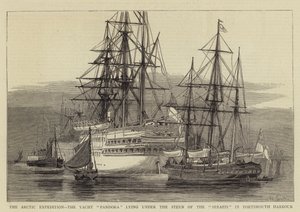 De Arctische Expeditie, het Jacht Pandora liggend onder de Achtersteven van de Serapis in de Haven van Portsmouth door William Edward Atkins