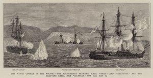 Het zeeslag in de Stille Oceaan, het gevecht tussen HMS Shah en Amethyst en de Peruaanse rebellenram Huascar bij Ilo, 29 mei door William Edward Atkins