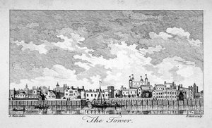 Zuidelijk uitzicht op de Tower of London met boten op de rivier de Theems, 1761