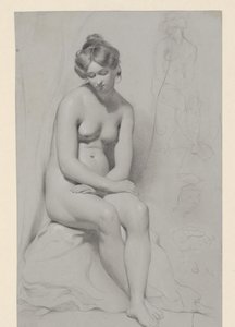 Zittend naakt vrouwelijk model met hoog kapsel, ernaast nogmaals geschetst door William Etty