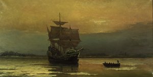 De Mayflower bij haar aankomst in Plymouth Harbor