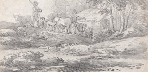 Landschap met figuren en vee door William Frederick Wells