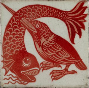 Tegel met ijsvogel met snavel door vis, 1882-1888 door William Frend De Morgan