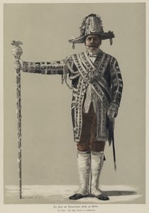 Koninklijke portier in galakostuum op een feest aan het keizerlijke Duitse hof in Berlijn (gekleurde gravure)