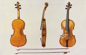 Muziekinstrumenten: Viool, de Hellier Stradivarius, en twee oude strijkstokken bekend om de fluitering door William Gibb