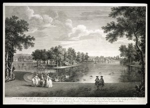 Uitzicht op het Meer vanaf het Middenpad in de tuin van West Wycombe, Buckinghamshire, gegraveerd door William Woollett door William Hannan