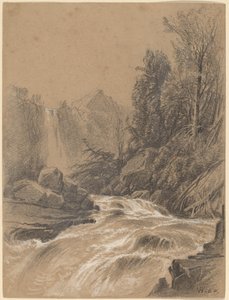 Berglandschap, Beek en Waterval door William Hart