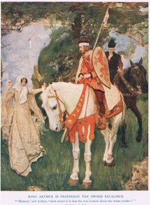 Koning Arthur wordt het zwaard Excalibur aangeboden, illustratie uit 