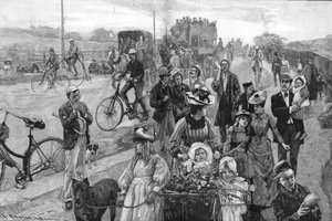 Straatscène met veel fietsen door William Hatherell