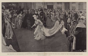 Het kostuumbal van de hertogin van Devonshire, de processie van gasten die buigen voor de koninklijke groep in de witte en gouden salon, 1897 door William Hatherell