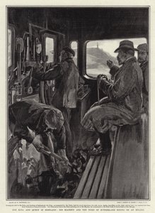 De koning en koningin in Schotland, Zijne Majesteit en de hertog van Sutherland rijden op een locomotief door William Hatherell