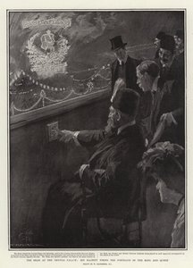 De sjah in het Crystal Palace, Zijne Majesteit schiet op de portretten van de koning en koningin