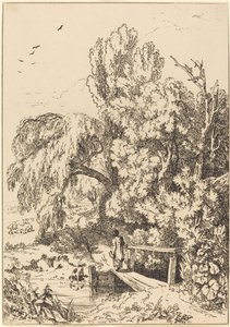 Landschap met Bomen, Meisje Overstekend Voetbrug