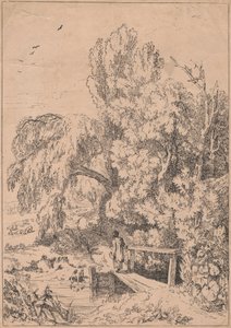 Landschap met Bomen, Meisjes die Voetbrug Oversteken