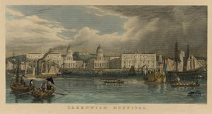 Koninklijk bezoek aan Greenwich Hospital (Engeland), met een zeilschip, een stoomboot, passagiersschuiten, roeiboten op de Theems