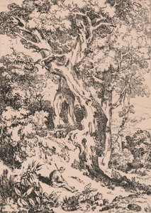 Studie van bomen en struiken met zittende mannelijke figuur door William Havell
