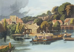 Wallingford Castle in 1810 tijdens brugreparaties, gegraveerd door Robert Havell de Jongere, gepubliceerd in 1818 door William Havell