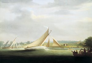 Jachten van de Cumberland Society race, op de Theems, circa 1815, voorloper van de Royal Yacht Race op de Theems door William Havell