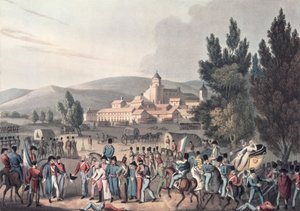 Slag bij Vittoria, 1813, gevangenen binnenbrengen, geëtst door I. Clarke, geaquarelleerd door M. DuBourg door William Heath