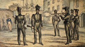Mariniers bij schommelend figuur schietoefening, ca. 1835 (handgekleurde ets)