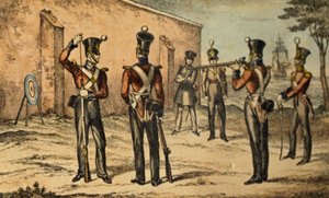 Huidige kostuum van de mariniers bij rond doelwit schieten, c.1835 door William Heath