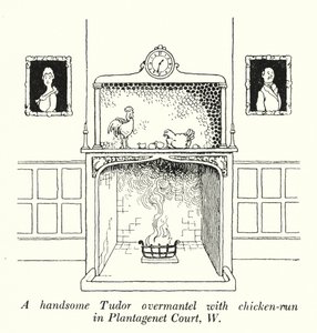 Een mooie Tudor schouw met kippenren in Plantagenet Court, W door William Heath Robinson