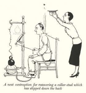Een nette uitvinding om een kraagknoopje terug te halen dat naar beneden is gegleden door William Heath Robinson