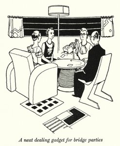Een Nette Kaartverdeel Gadget voor Bridgepartijen (litho) door William Heath Robinson