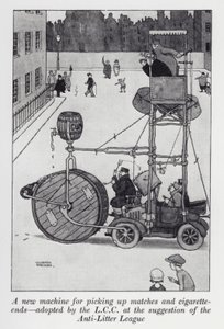 Een nieuwe machine voor het oprapen van lucifers en sigarettenpeuken, aangenomen door de LCC op suggestie van de Anti-Litter League door William Heath Robinson