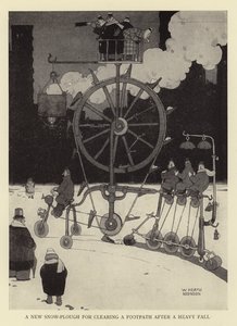 Een nieuwe sneeuwploeg voor het vrijmaken van een voetpad na een zware sneeuwval door William Heath Robinson
