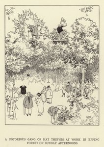 Een beruchte bende hoedendieven aan het werk in Epping Forest op zondagmiddagen door William Heath Robinson