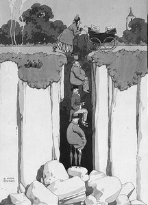 Act van vriendelijkheid, bedachtzaamheid van drie heren die een dame over een kloof helpen door William Heath Robinson