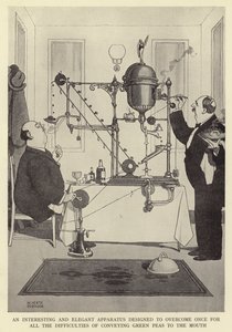 Een interessant en elegant apparaat ontworpen om voor eens en altijd de moeilijkheden van het naar de mond brengen van groene erwten te overwinnen