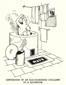 Omzetting van een ouderwetse bijkeuken naar een badkamer door William Heath Robinson