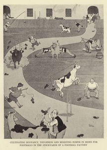 Het cultiveren van drijfvermogen, taaiheid en weerstand in huiden voor voetballen in de voorraadschuren van een voetbal fabriek door William Heath Robinson