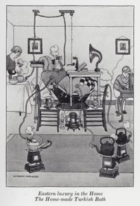 Oosterse luxe in huis, het zelfgemaakte Turkse bad (litho) door William Heath Robinson