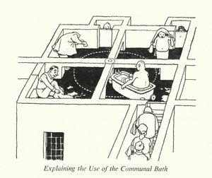 Uitleg over het gebruik van het gemeenschappelijke bad door William Heath Robinson