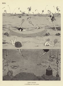 Vis Tennis, een spannend nieuw waterspel door William Heath Robinson