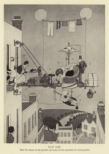 Flatleven, hoe de bewoner van de bovenste flat kan genieten van alle voorzieningen van een achtertuin door William Heath Robinson