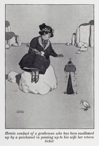 Heroïsch gedrag van een heer die is opgeslokt door drijfzand terwijl hij zijn vrouw haar retourticket aanreikt door William Heath Robinson