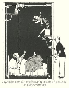 Vindingrijke list om een dosis medicijn toe te dienen aan een uitbundige jongen (litho) door William Heath Robinson