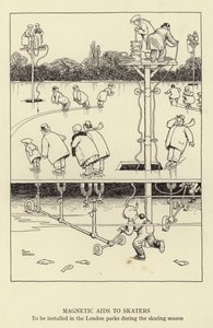 Magnetische hulpmiddelen voor schaatsers, te installeren in de Londense parken tijdens het schaatsseizoen door William Heath Robinson