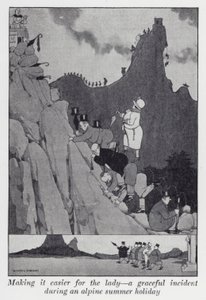 Het gemakkelijker maken voor de dame, een sierlijk incident tijdens een zomervakantie in de Alpen (litho) door William Heath Robinson