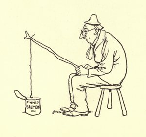 Man die vist op ingeblikte zalm door William Heath Robinson